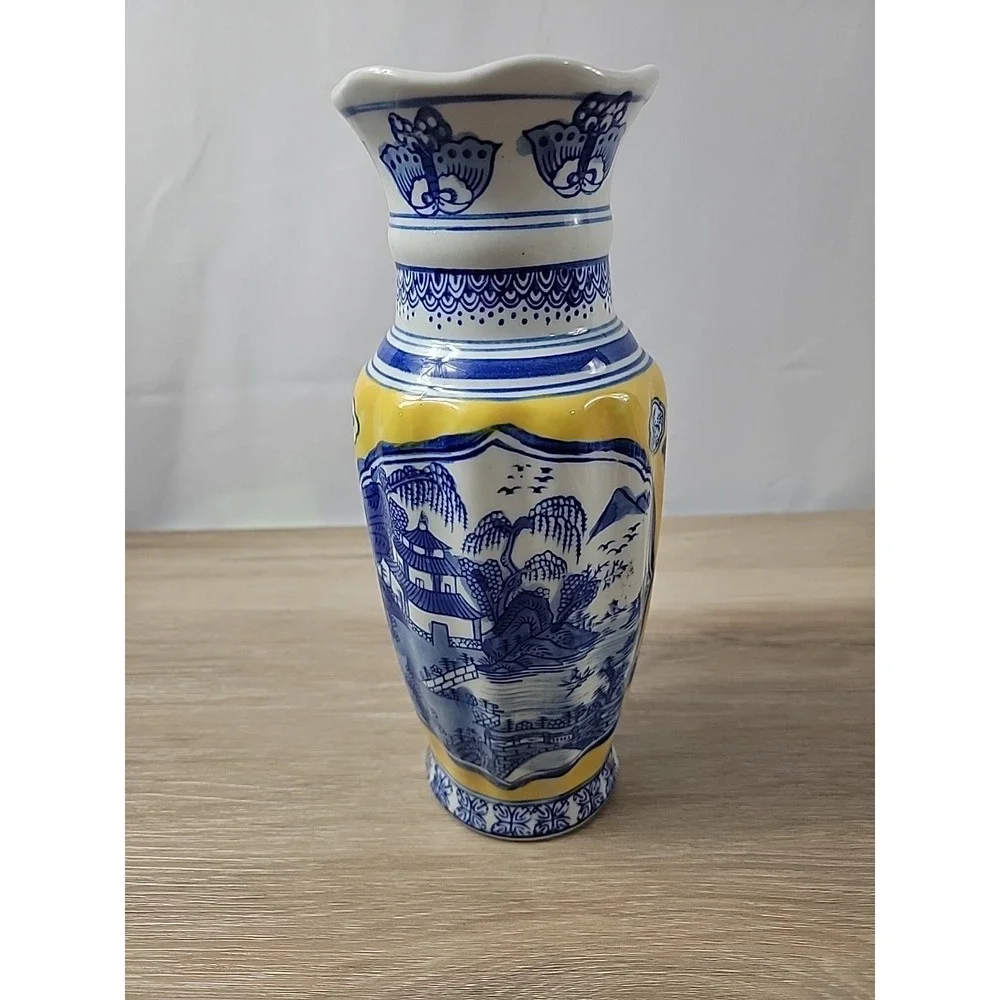 Vtg Chinese Chinoiserie Blue Yellow Asian Vase pagoda mountain tree design